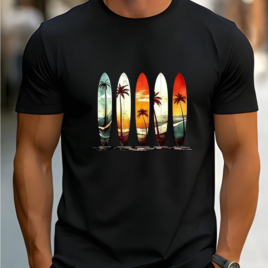 Men's Adult Casual T-Shirt with Coconut Tree and Sunset Print, Super Refreshing for Summer Wear