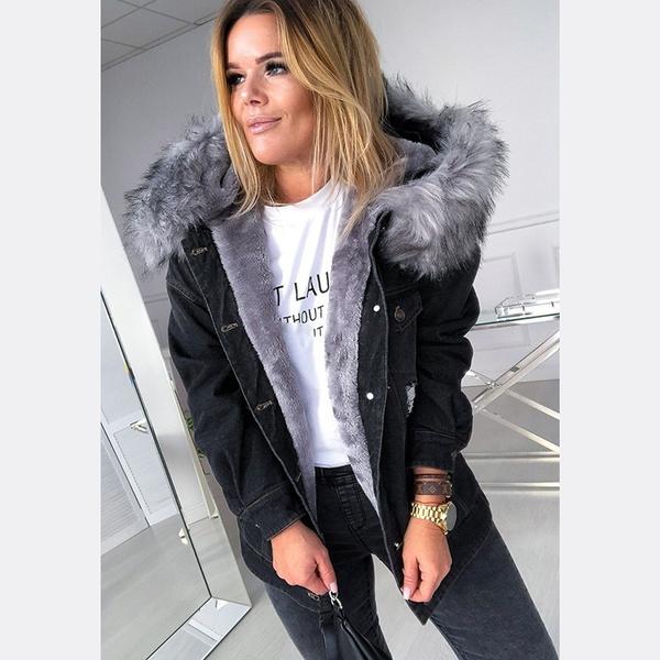 Buy Women Fashion Furry Hooded Jean 