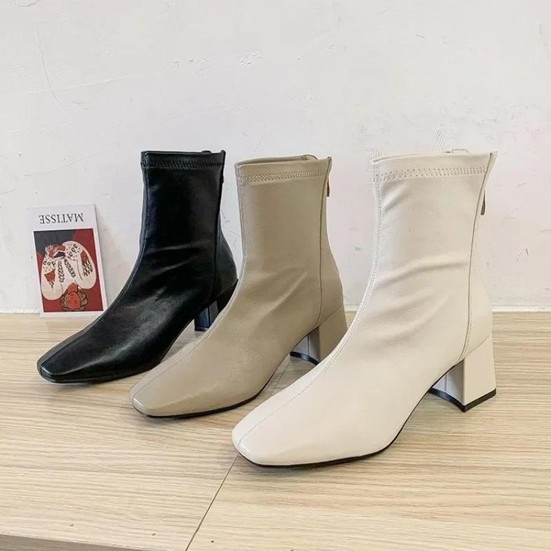Fashion Chunky Heels Ankle Boots for Women Autumn Winter British Style PU Leather Short Boots Female Comfort Thick Heel Botines Mujer