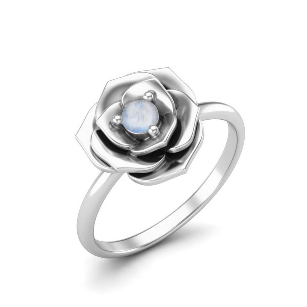 925 Sterling Silver 3 MM Round Moonstone Blossom Rose Flower Women Wedding Ring