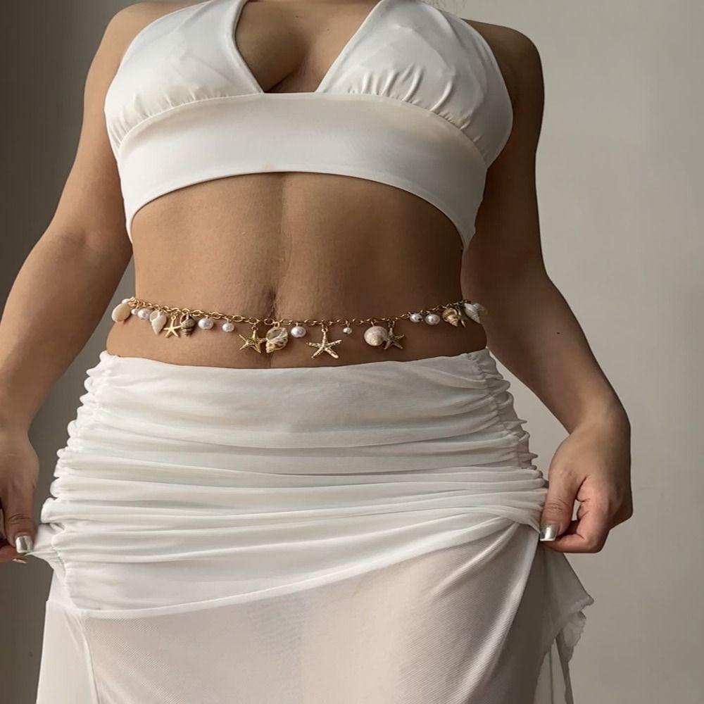 Pearl Conch Shell Bracelet Exaggerate Waist Chain Vacation Summer Beach Jewelry for Women