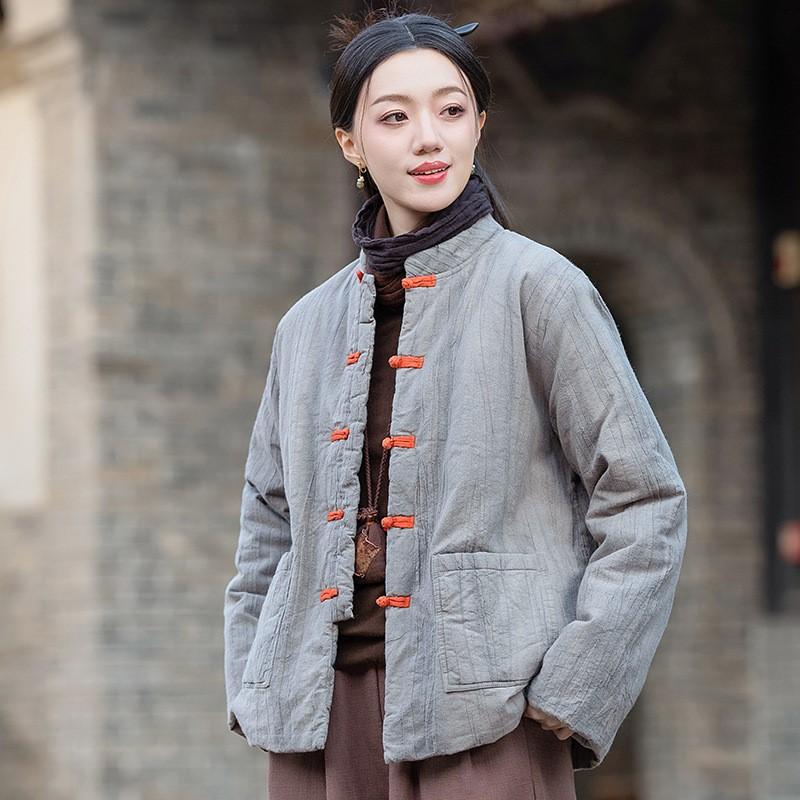 Johnature Chinese Style Winter for Women Stand Button Pockets Coats Winter Tie-dye Vintage Warm Coats