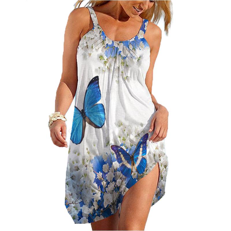 Sommer Neues 3D Schmetterling Gedrucktes Damenkleid Sexy Ärmellos Sommer Damenkleid Retro Locker Lässig Mädchenkleid