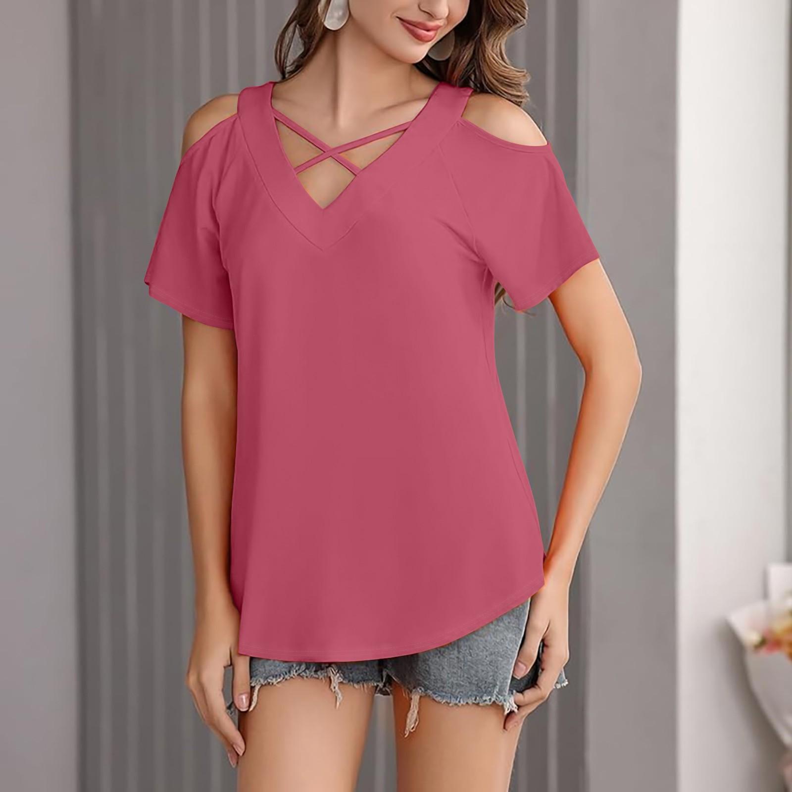 

Женская однотонная повседневная футболка с открытыми плечами, V-образным вырезом и короткими рукавами XL