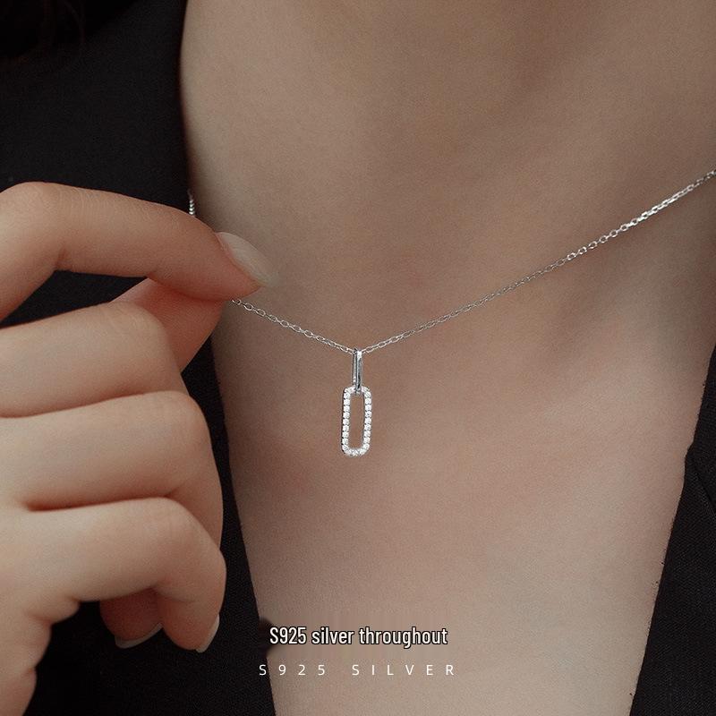 Banyan Tree S925 Silver Geometric Paperclip Necklace with Sparkling Diamond