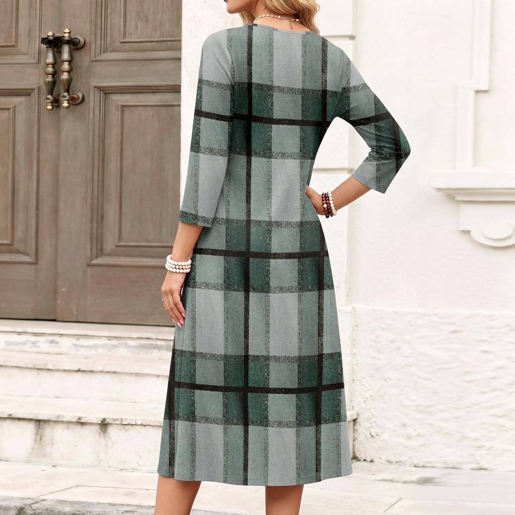 Lässiges Damen-Karo-Kleid mit V-Ausschnitt und Dreiviertelärm