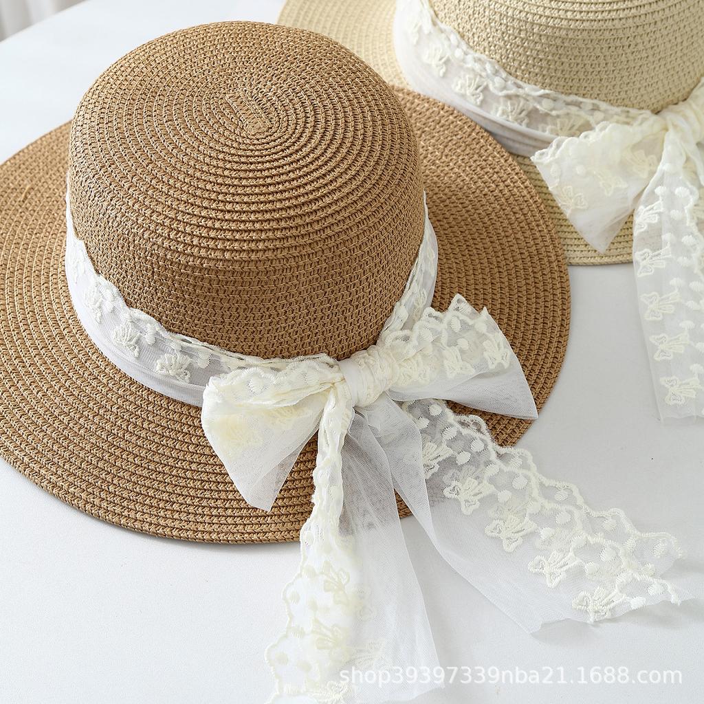 Small fresh lace bow straw woven flat top straw hat women's spring new seaside vacation sunshade beach hat