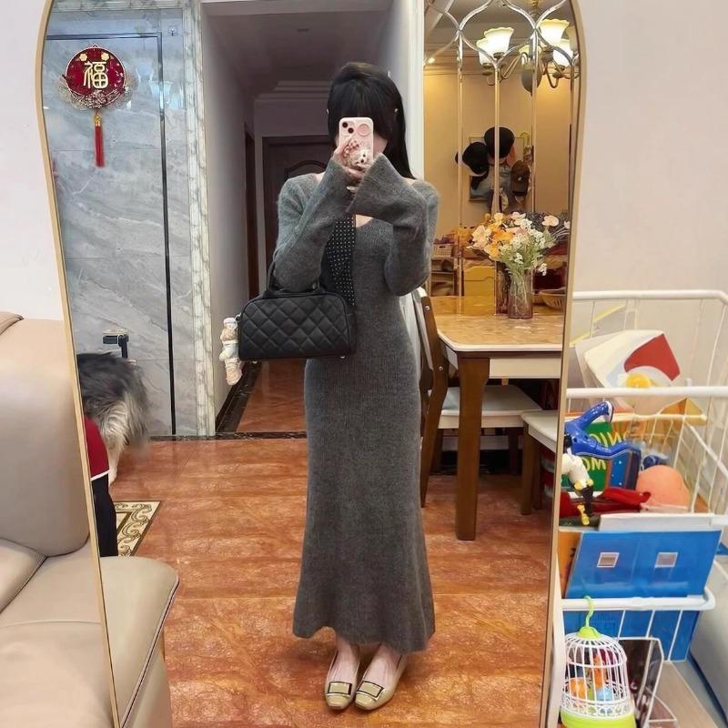 Temperament Gray V-neck Knitted Dress Autumn and Winter Lazy Slim Fit with Bottom Sweater Skirt