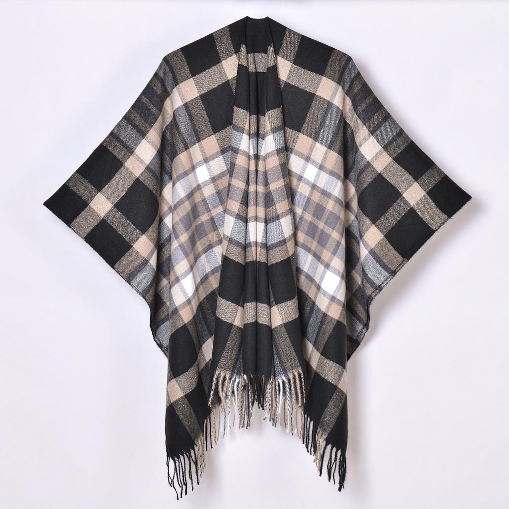 Foreign Trade, New Tassel Split Shawl Autumn and Winter Women's Simple Plaid Jacquard Scarf Cape