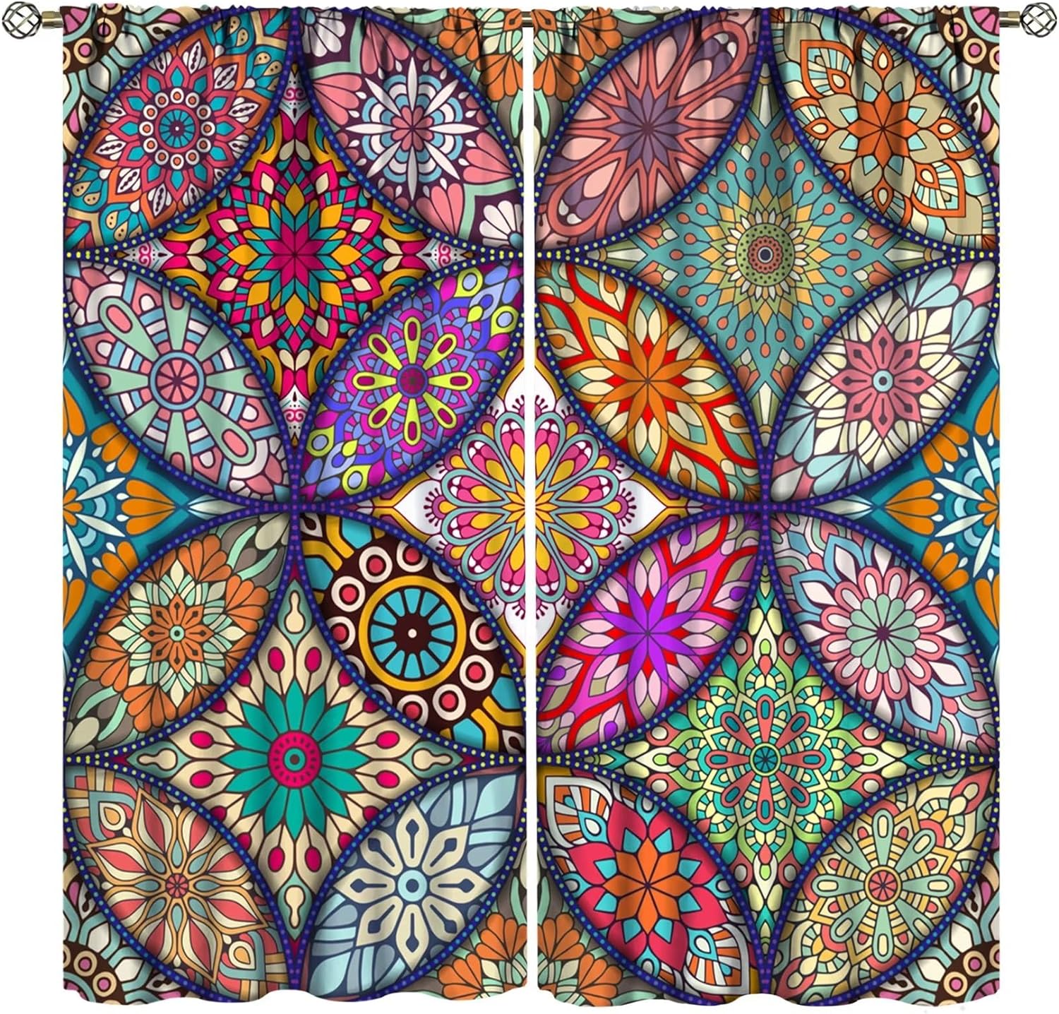 

Юго-Восточная Азия Тайские цветочные полузатемняющие шторы Красочные Бохо Мандала Шторы Декор Спальня Гостиная Оконные Шторы (W88H220cm)-2pcs&Grommet Top