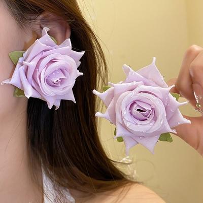Retro Cloth Rose Flower Earrings French Style Jewelry Floral Stud Earrings Large Solid Color Drop Earrings Women
