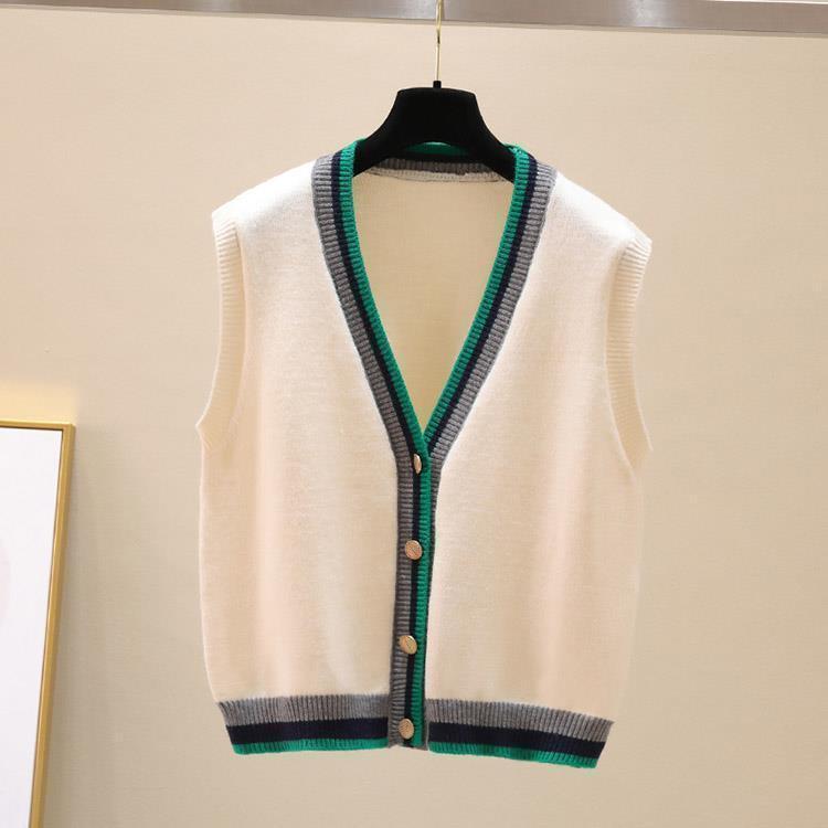 Colección Primavera y Otoño Cárdigan de Punto sin Mangas con Bloques de Color para Mujer Chaleco Tank Top Versátil