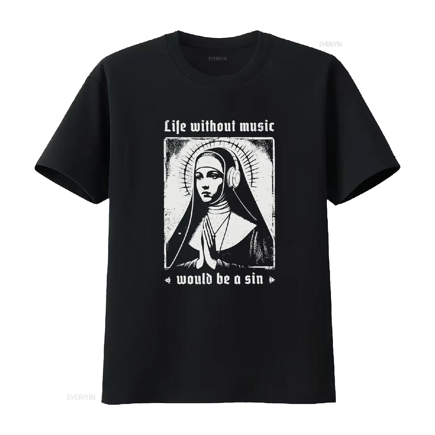 New Limited Life Without Music Would Be A Sin Nun Praying Techno T Shirt vintage Washed streetwear designer clothes Casual S чёрный