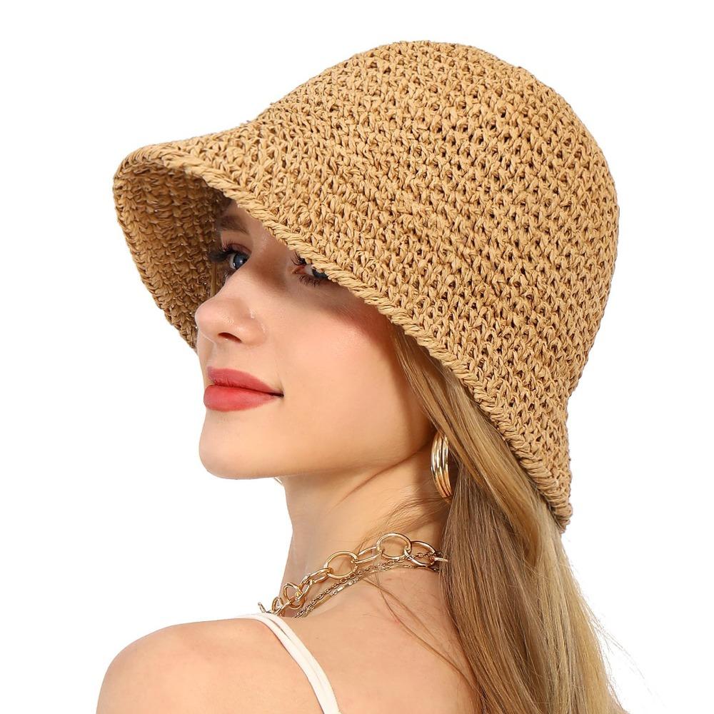 Foldable Outdoor Sunshade Cap Hand Weaving Fisherman Hat Summer Straw Bucket Hat  for Women Beach