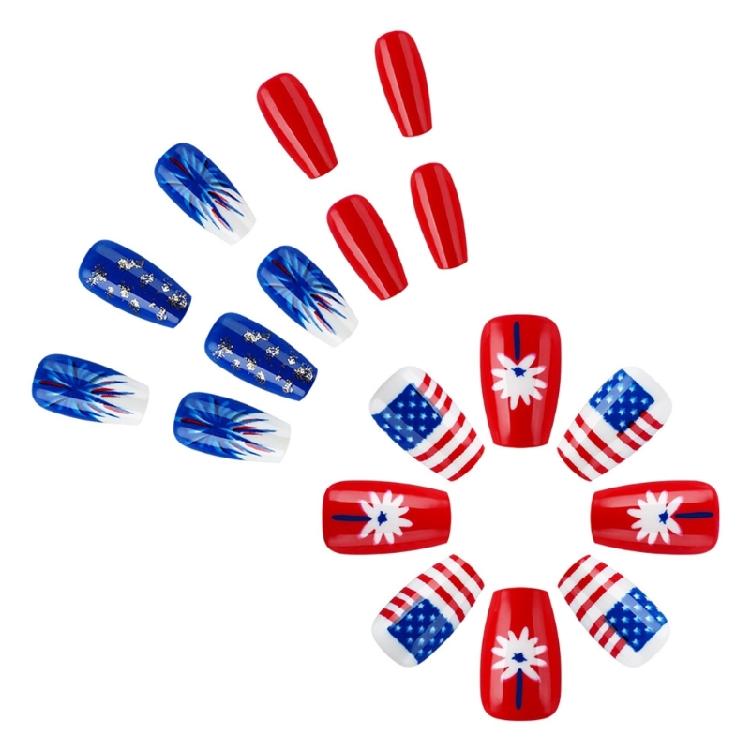 Unghia Finta Quadrata French Tip Unghia a Pressione Copertura Totale Unghia Finta Giorno dell'Indipendenza Unghia da Incollare Unghia Finta Patriottica