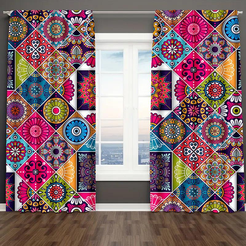 2PCS Bohemian plaid curtains with pole bag design   protecting privacy   suitable for various decorative scenes