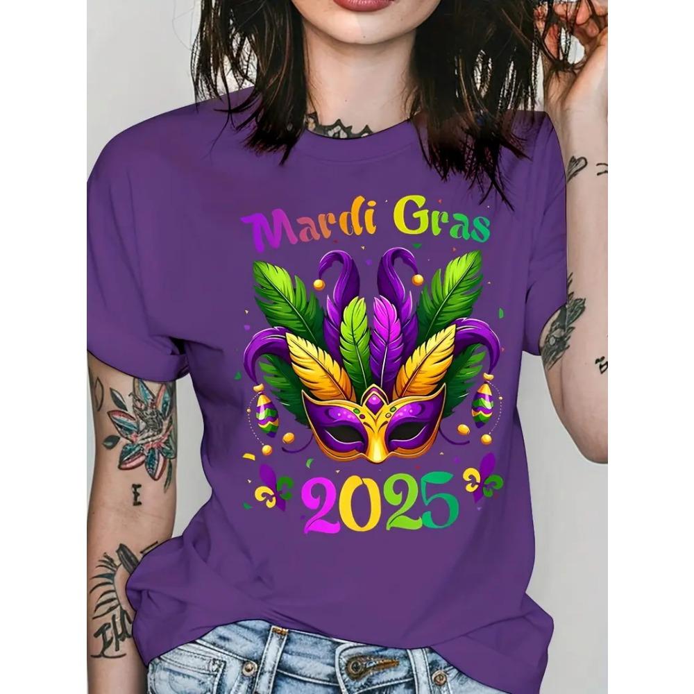 Full Print Women Mardi Gras Mask Pattern T Shirt Casual Short Sleeve Crew Neck Tees Shirt New In Party Tshirts Women's Clothing