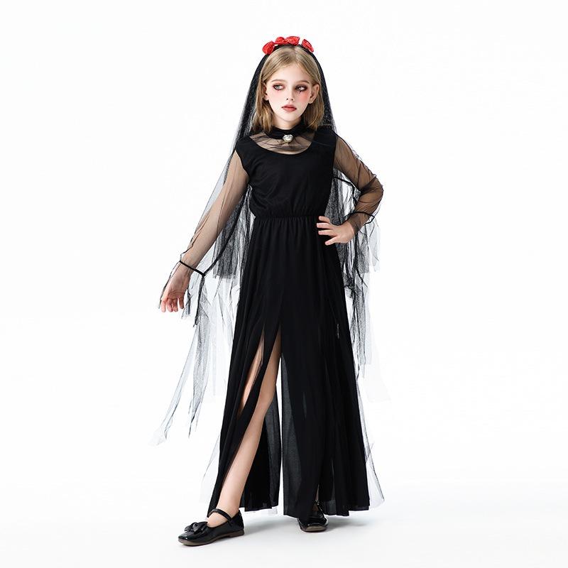 Halloween Children's Costume Girls Dark Demon Ghost Bride Long Dress Vampire Witch Funny Show Costume