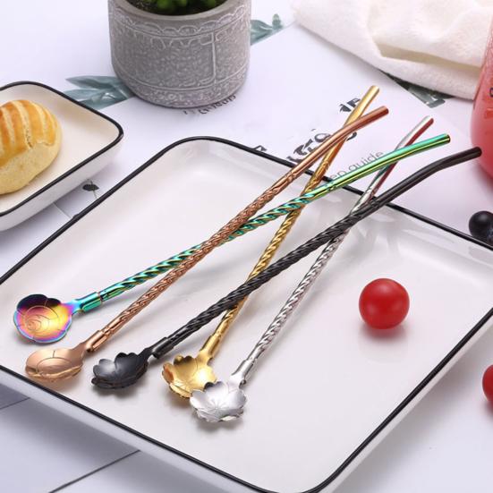 Yousheng Sakura Straw Spoon, 304 Stainless Steel Straw for Coffee Stirring, Reusable Drinking Straw for Juice Milk Tea