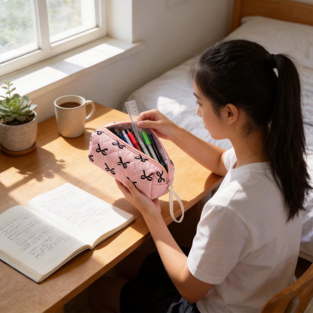 Large Capacity Fabric Pencil Bag With Bow Pattern For Students And Organization