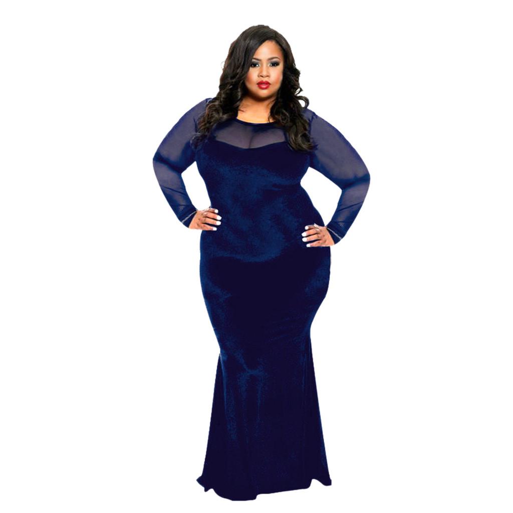 Damska seksowna sukienka wieczorowa z siatkowym szwem, dużą rozkloszowaną sukienką z długim rękawem