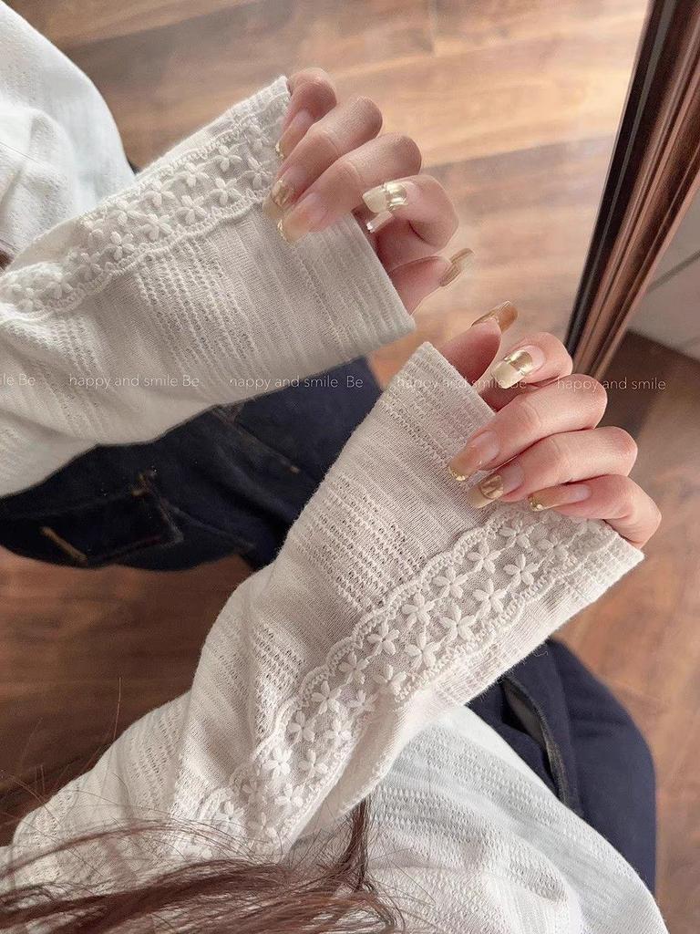 Women's White Lace Patchwork Sailboat Embroidered Long Sleeve T-shirt - Korean Style Early Autumn Versatile Top