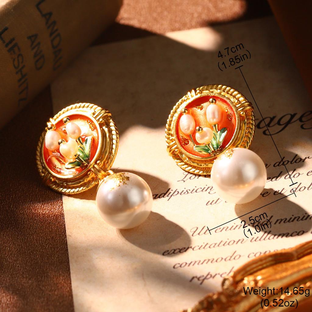 French court style natural pearl oil painting series niche high-end earrings retro new love geometric earrings women