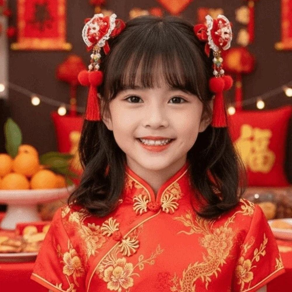 2pcs Plush Ball New Year Tassel Barrettes Lion Ancient Style Hair Clip  Festival