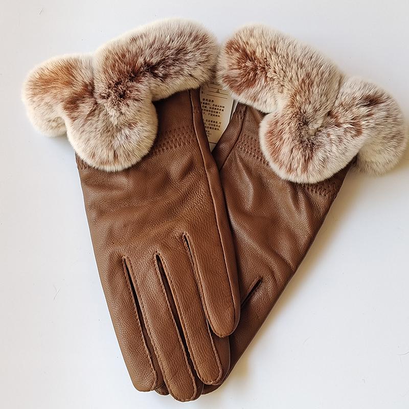 Women Winter Genuine Sheepskin Leather Glove With Rex Rabbit Fur Cuff Warm Winter Female Genuine Leather Gloves Hand Warmer
