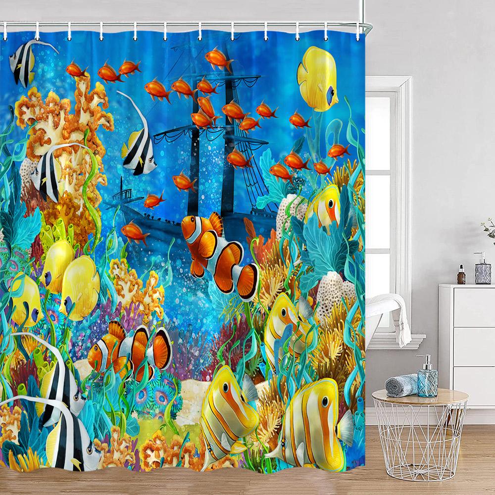 Ocean Animals Shower Curtains Undersea Tropical Fish Dolphins Coral Under Sea Home Decorations Summer Bath Curtains with Hooks
