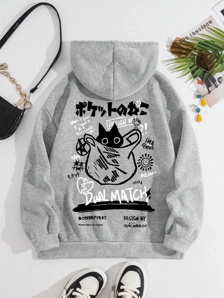 Neuer Cartoon Katze Druck Baumwollpullover Hoodie für Erwachsene Langärmlig Streetwear Täglich Lässig Harajuku Oberteil Kapuzen Basic Unisex