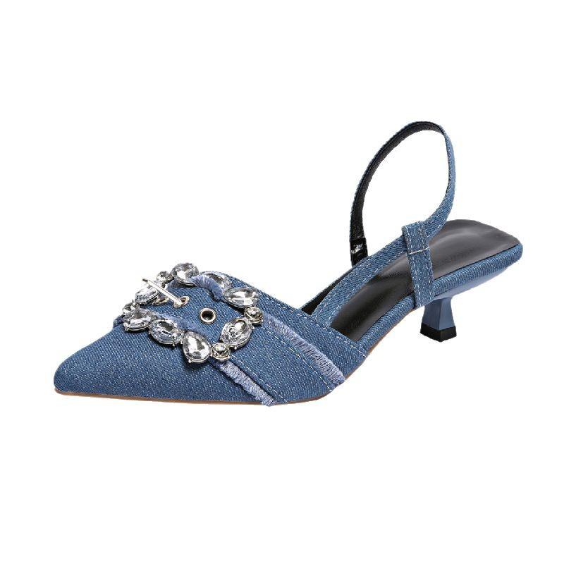 Neue Sommer Feine Absätze Damenschuhe Elegant Strass Spitz Denim Gemischt mit High Heels Sandalen High Heels Damen Pumps