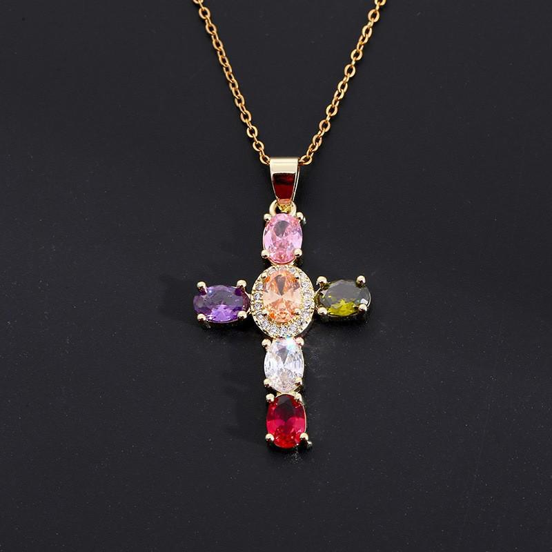 Gold-Plated Multi-Color Zirconia Cross Necklace with Full Diamond Design