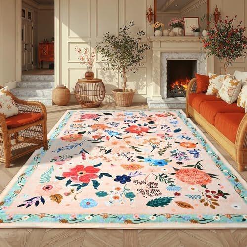 Tappeto Floreale Rosa Fiori Stampati Lavabile Piccoli Tappeti con Supporto per Decorazione Camera da Letto Bambina Area Giochi Bambini Tappetino Antiscivolo