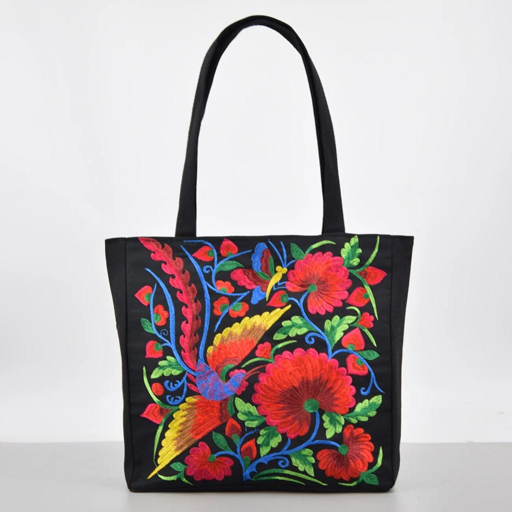 Ethnic Style Flower Embroidery Canvas Tote Bag Large Capacity Shoulder Handbag for Women