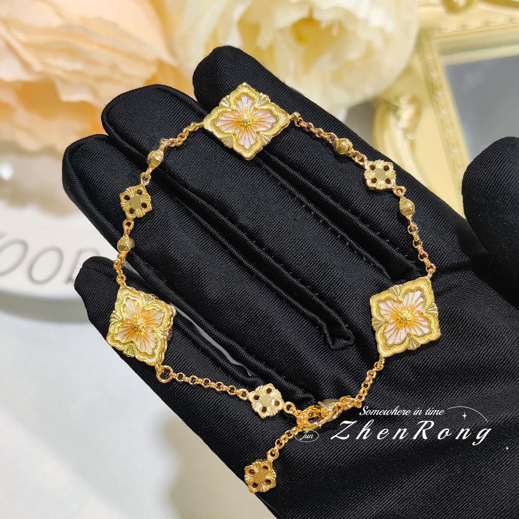 Italian Brushed Craft Retro Court Style Pink Fritillary Set Four-Leaf Clover Bracelet Pink Shell Necklace Ring Ear