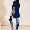 Women Plus Size White Printed Two Piece Outfit Round Neck Short Sleeve Longline Top Fitted Long Pants