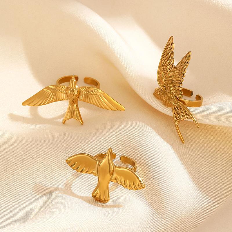 Minimalist 18K Gold Color Plated Angel Wings Peace Dove Wings Open Rings Trendy Waterproof Stainless Steel Jewelry