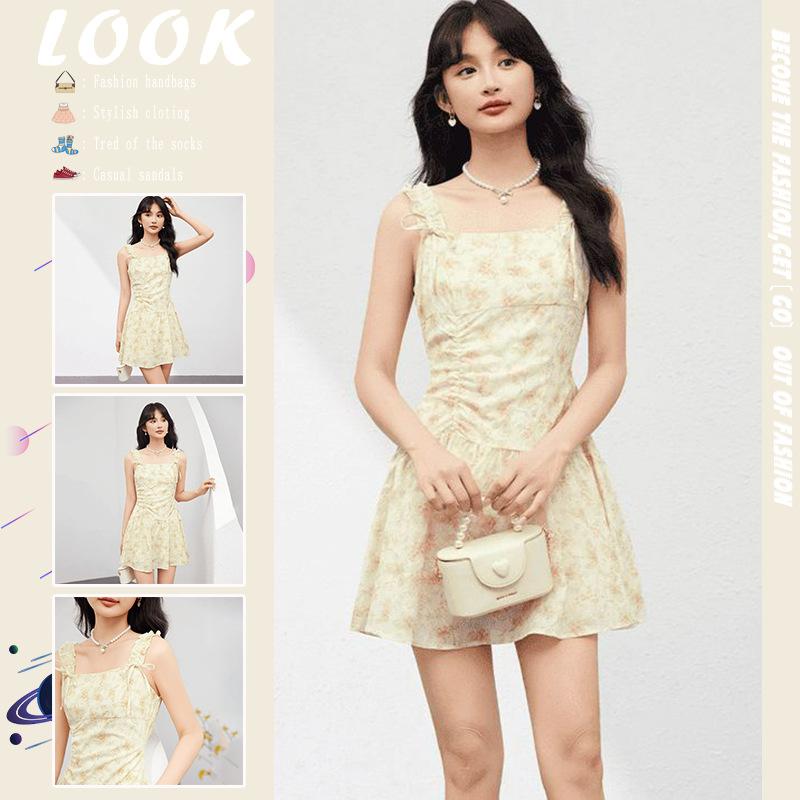 French romantic yellow bow floral suspender dress women s summer tea break waist thin beautiful short skirt s [premium quality]