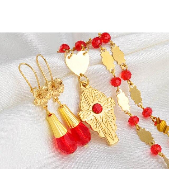 Anniyo Hawaiian Jewelry sets Flower Cross Pendant Necklaces Earrings Crystal Bead Ball Chains Guam Micronesia Chuuk #252106