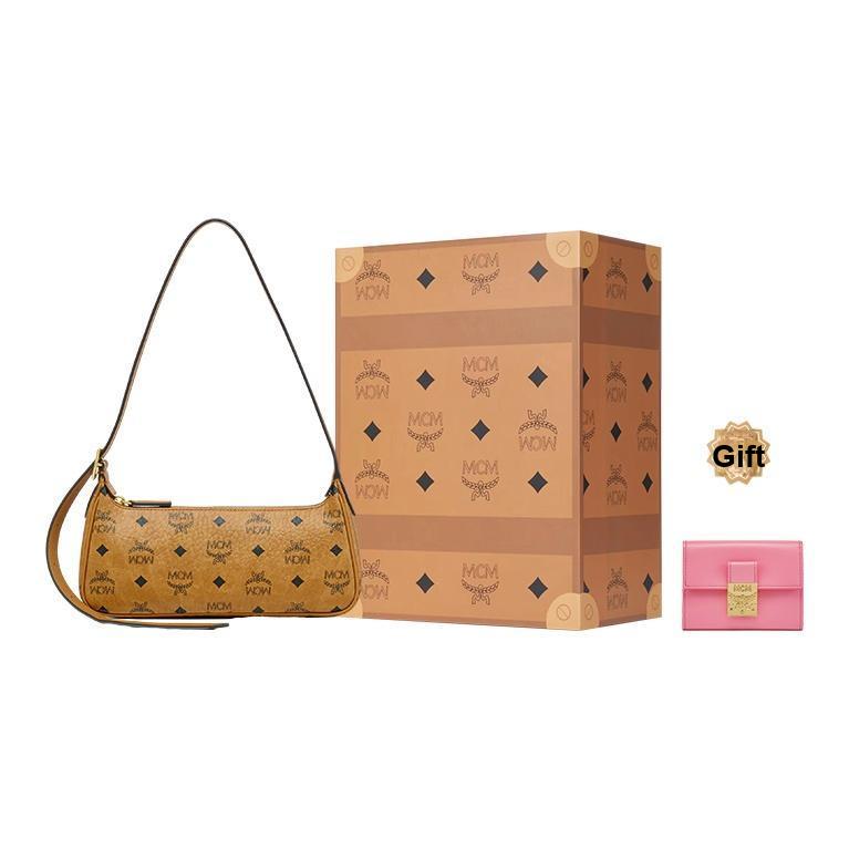 MCM Aren Visetos Monogram Canvas And Leather Shoulder Bag Small Women shoulder bag Brown Cognac MWSESTA02CO001