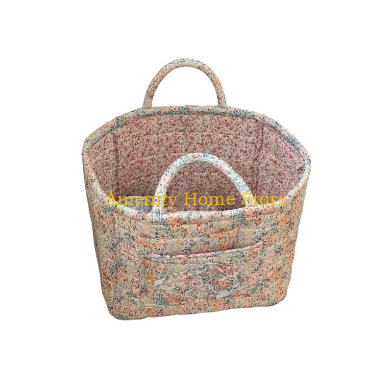 F26C Floral Pattern Quilted Cotton Storage Basket Foldable Lightweight with Handles for Home Laundry Toy Organization