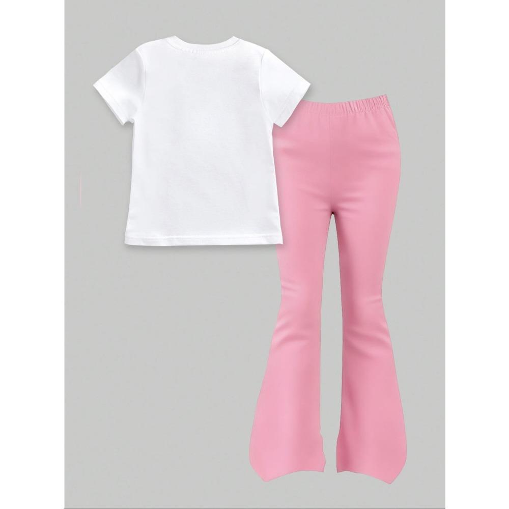 Girl's Regular Short Sleeved and Flared Pants Two-piece Set Kpop White Short Sleeved+pink Flared Pants Sweet Girl 2026 New Item