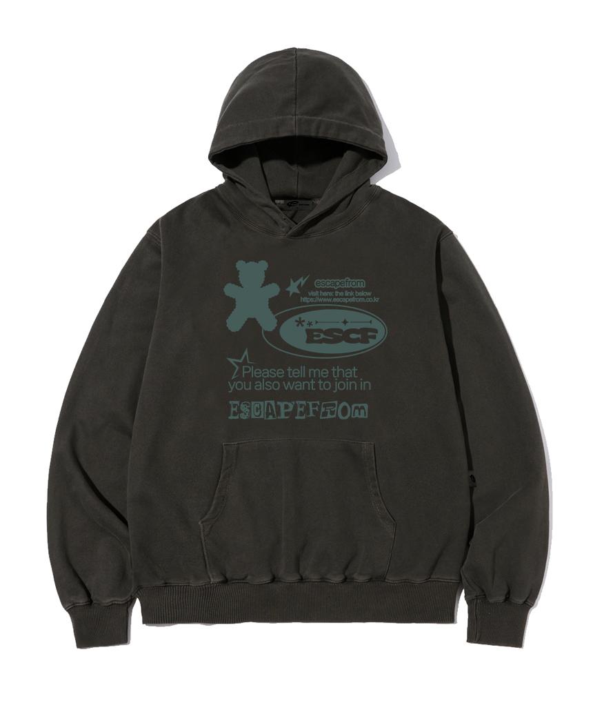 Escape From Bear Lettering Print Pigment Hoodie Charcoal M
