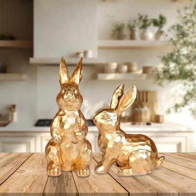 2 Easter Bunny Figurines, Sculptures, Resin for Garden Shelf, Home Party Supplies