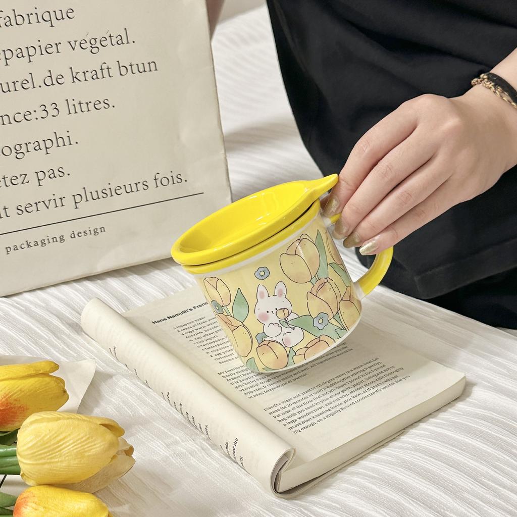 Mug with Lid High Value Ins Fengshui Cup for Girls Cute Home Breakfast Cup Ceramic Cup Souvenir Gift