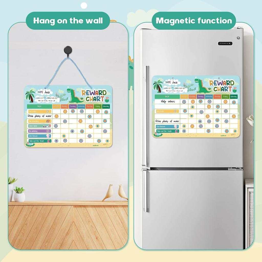 Reward Chart for Kids, Dinosaur Magnetic Behavior Chart for Kids at Home with 26 Chore Charts, 120 Magnetic Star Stickers Dry Erase Responsibility