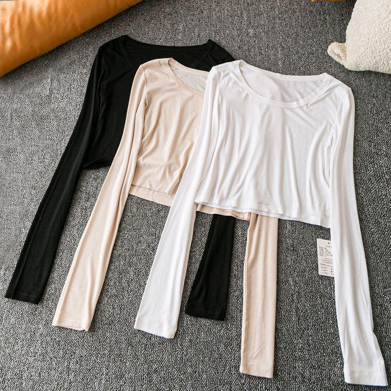 

Spring & Fall Export K-style New Arrival Casual Minimalist Plaid Easiest for Match Short round Neck Long Sleeve Pullover T-shirt Beige All yards