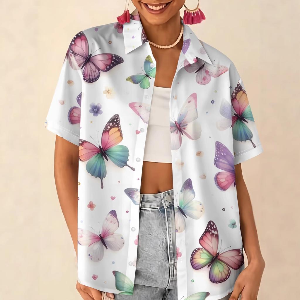 Gentle blue floral printed shirt for women, short-sleeve loose lapel design, niche vacation style top