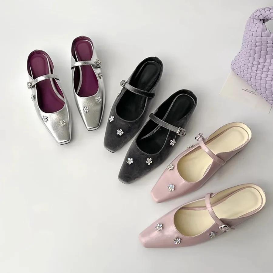 Fashion French Rhinestone Flower Baotou Half Slippers Women Wear Outside To Increase The Square Head Temperament Single Shoes